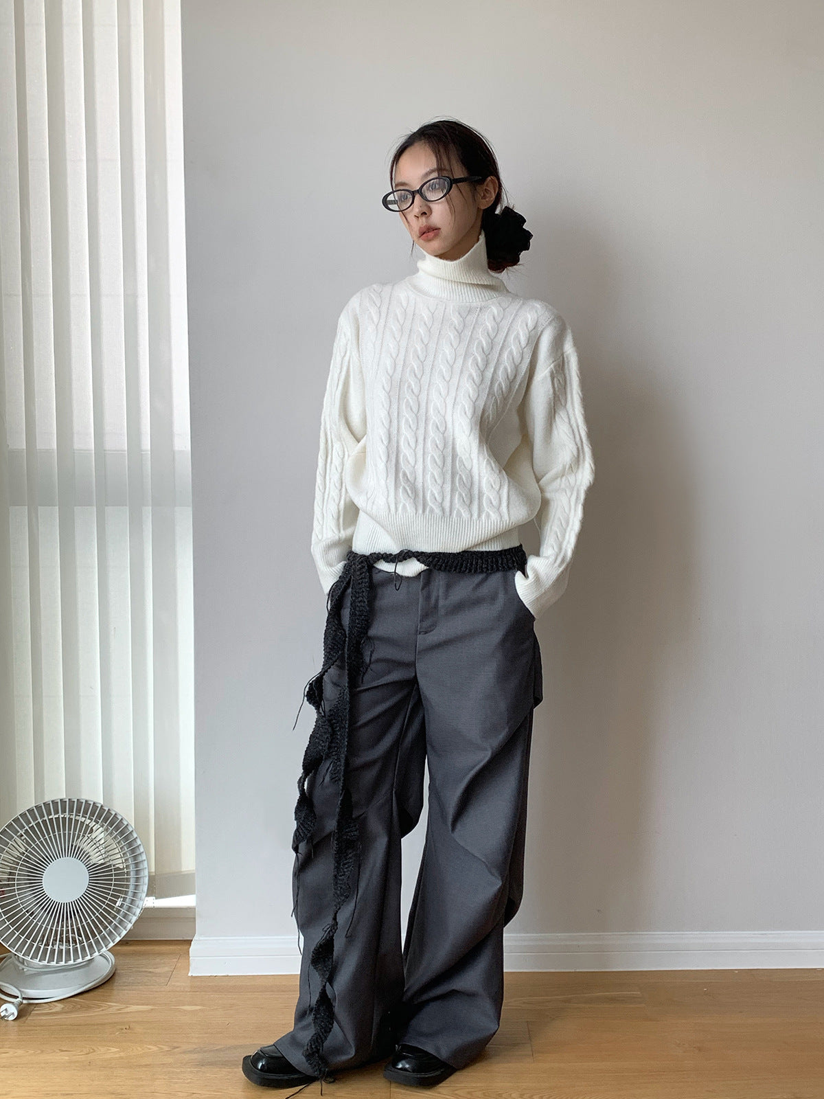 Dorothy White Korean Fashionable Jacquard Turtleneck Knit Sweater Lazy Versatile Pullover Knit Top