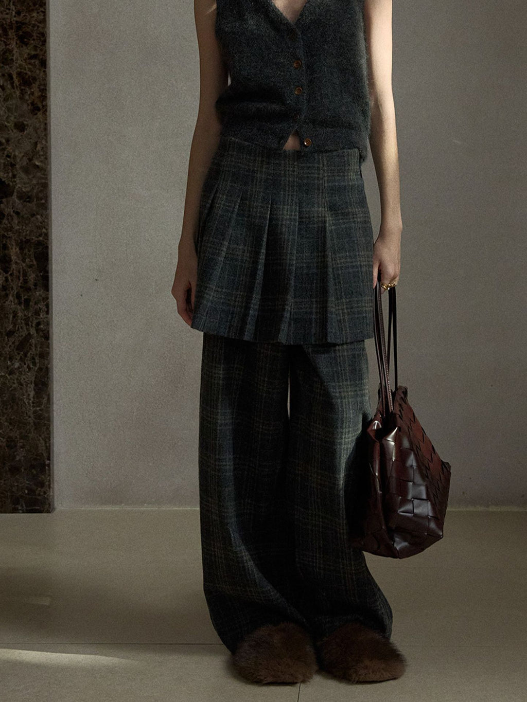 Wool Vintage Style Plaid Pleated Short Skirt