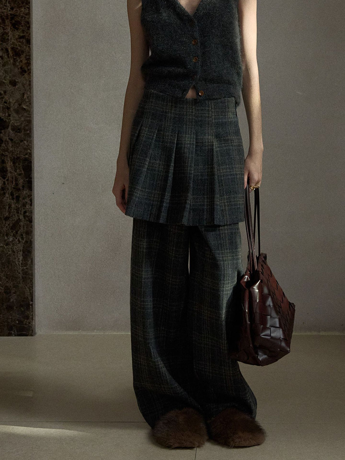Wool Vintage Style Plaid Pleated Short Skirt