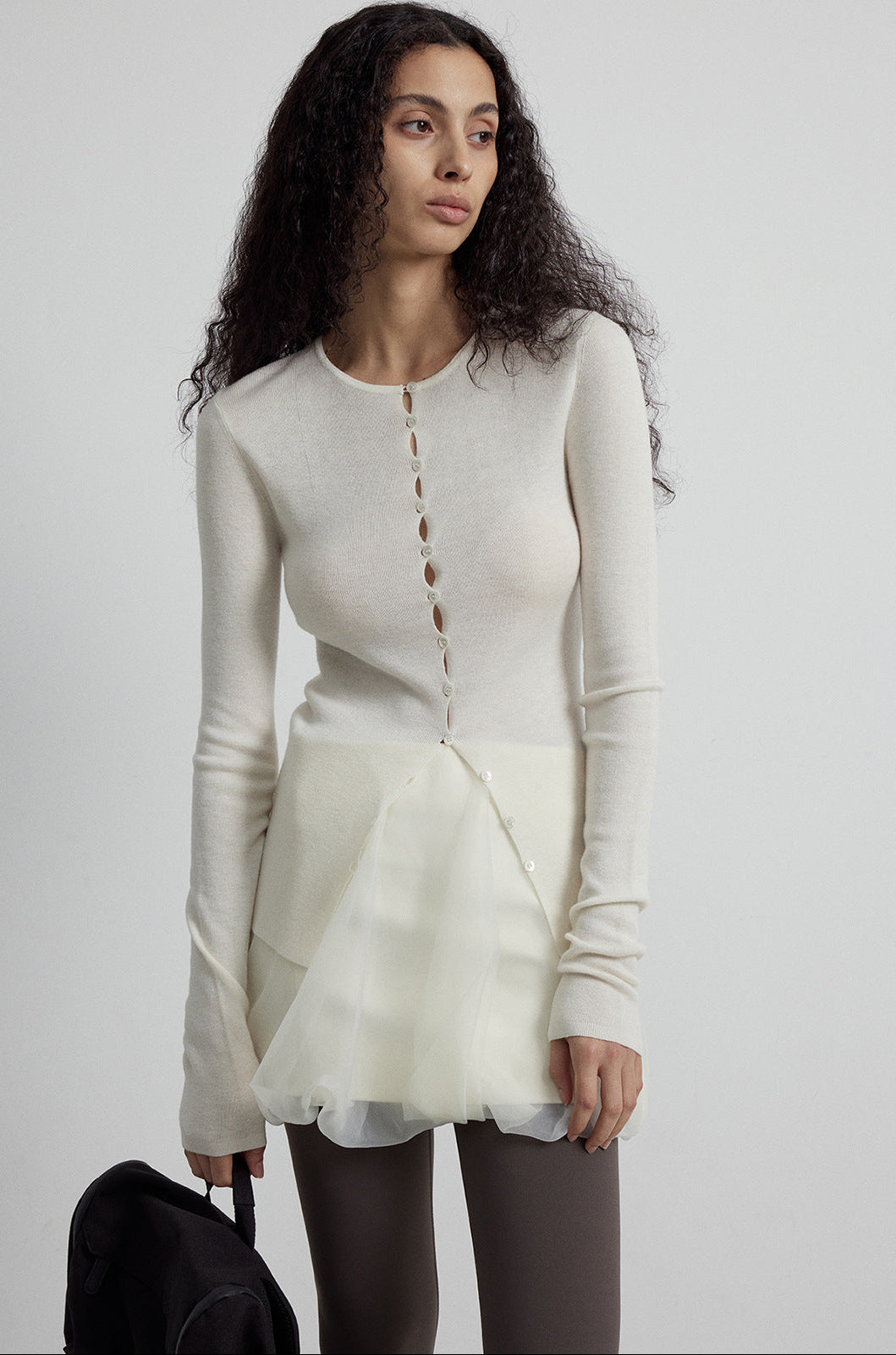 Close-fitting Wool Blend Long-sleeved Knit Single-breasted Cardigan Top