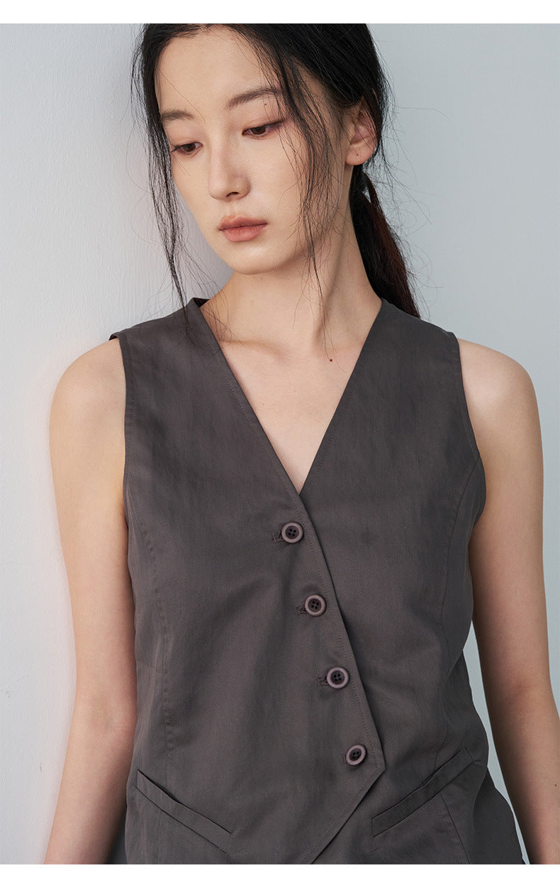 Minimalist Tencel V-neck Diagonal Vest Waist-cinching Sleeveless Top