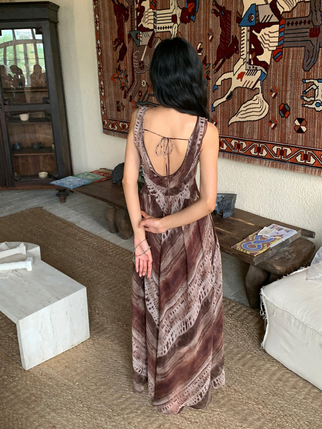 Leaf U-Neck Spaghetti Strap Backless Tie-Up Long Dress