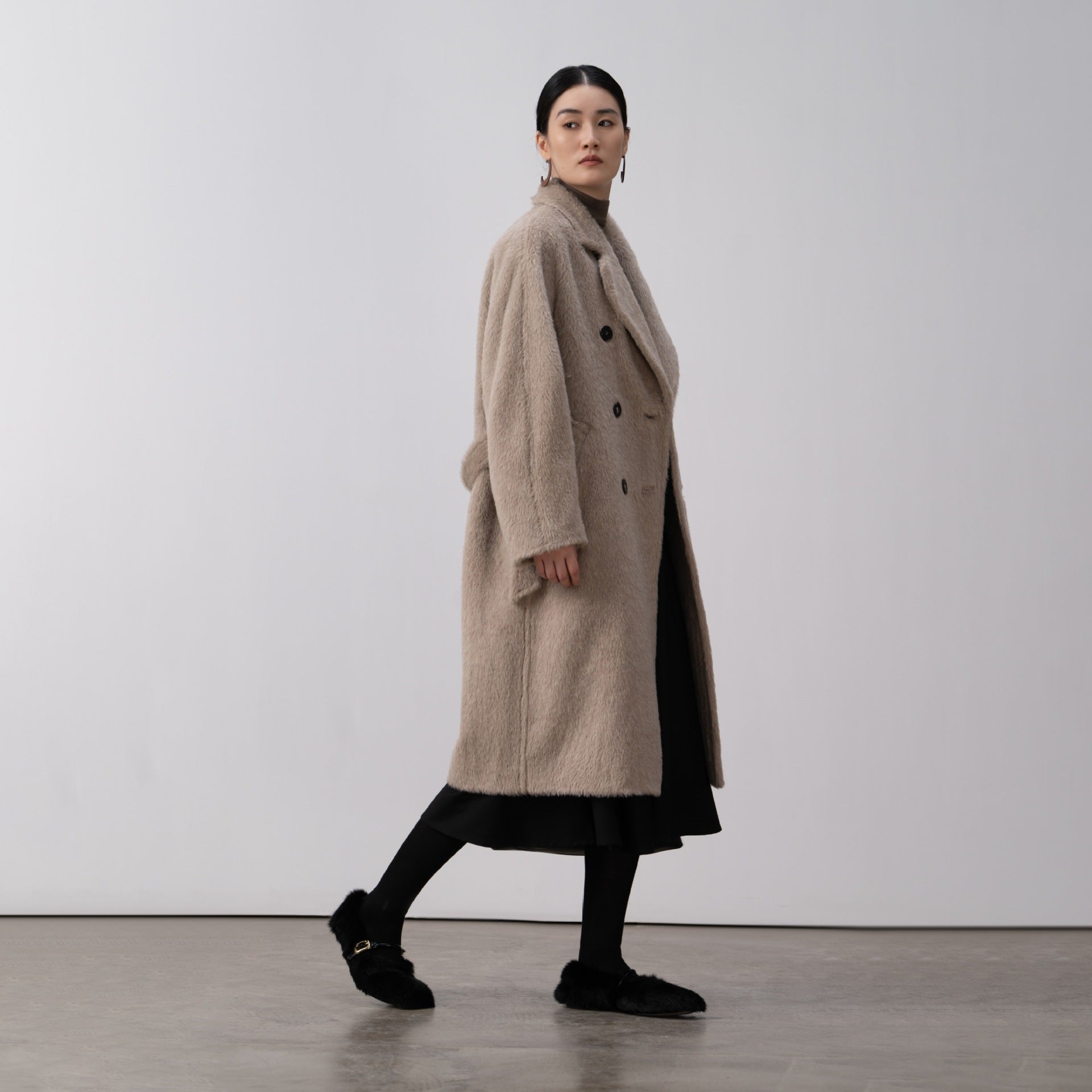 Merino Wool Fluffy Belted Long Coat