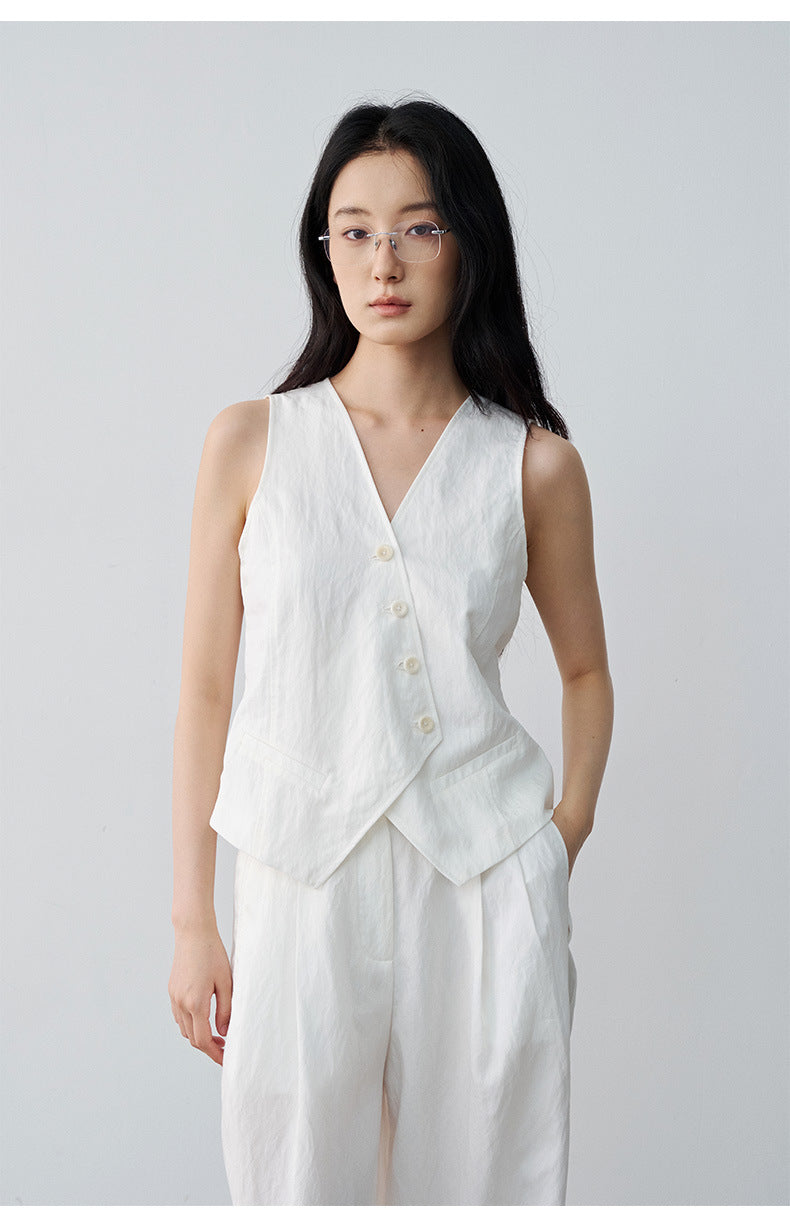 Minimalist Tencel V-neck Diagonal Vest Waist-cinching Sleeveless Top