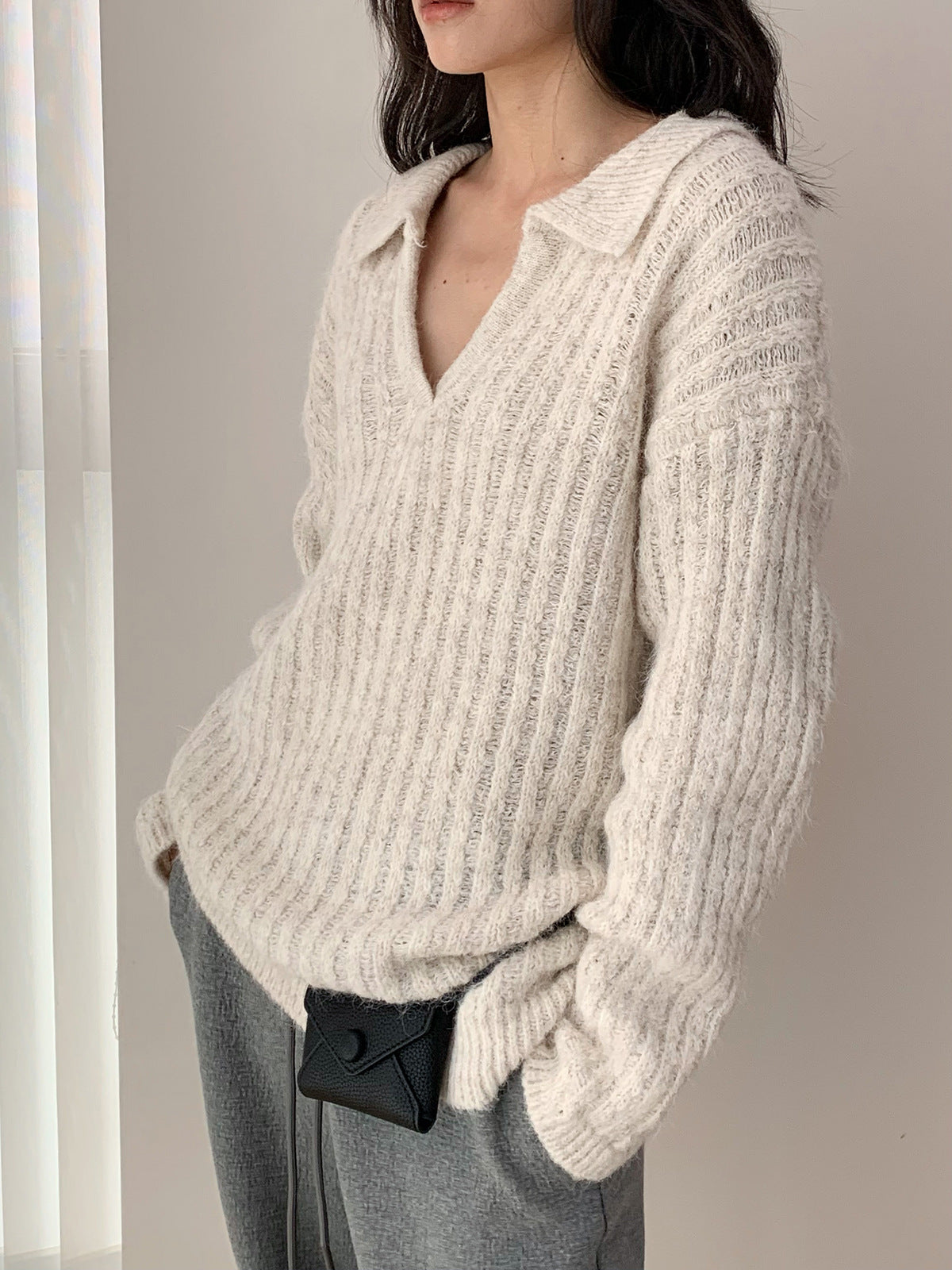 V-Neck Lapel Knit Warm Pullover Sweater