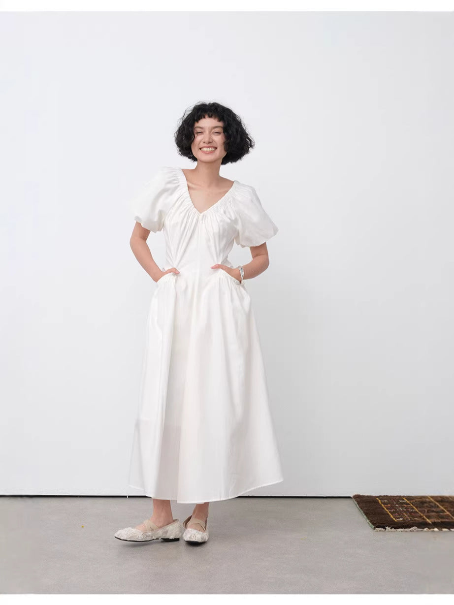 V-Neck Puffy Dress with Large Pockets