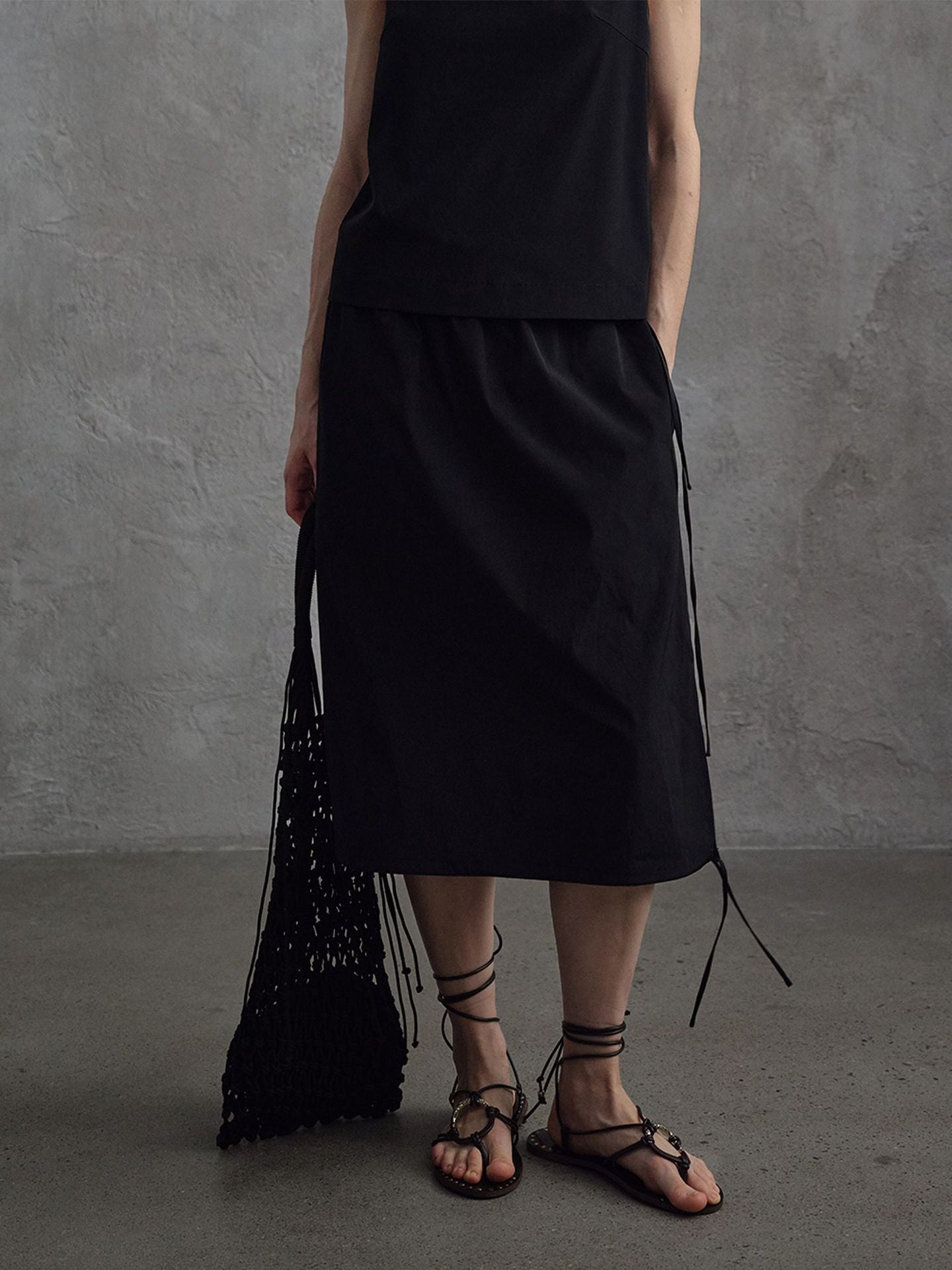 Minimalist Drawstring Side Slit Midi Skirt