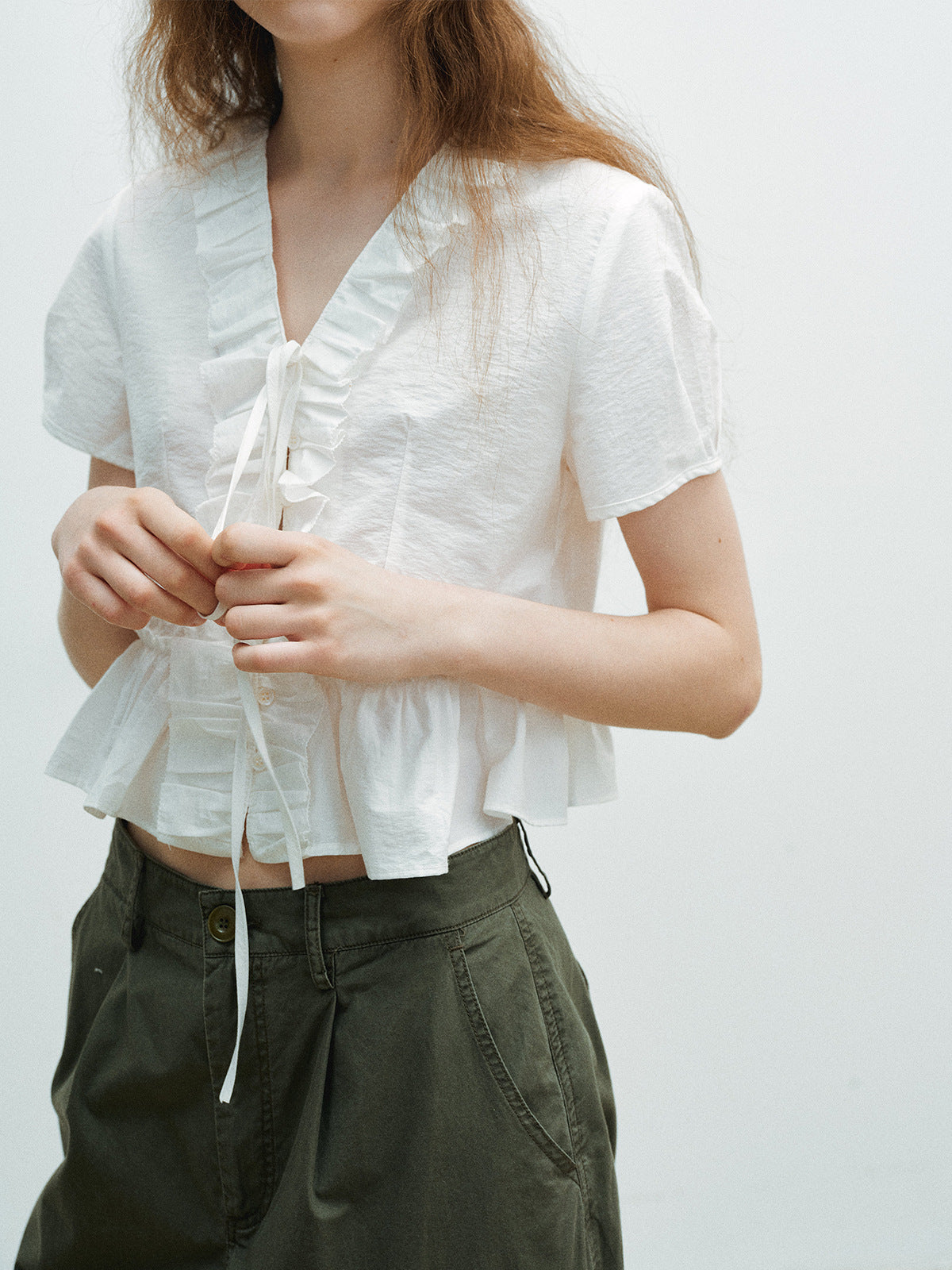 Ruffle V-Neck Short Cardigan Tie Top