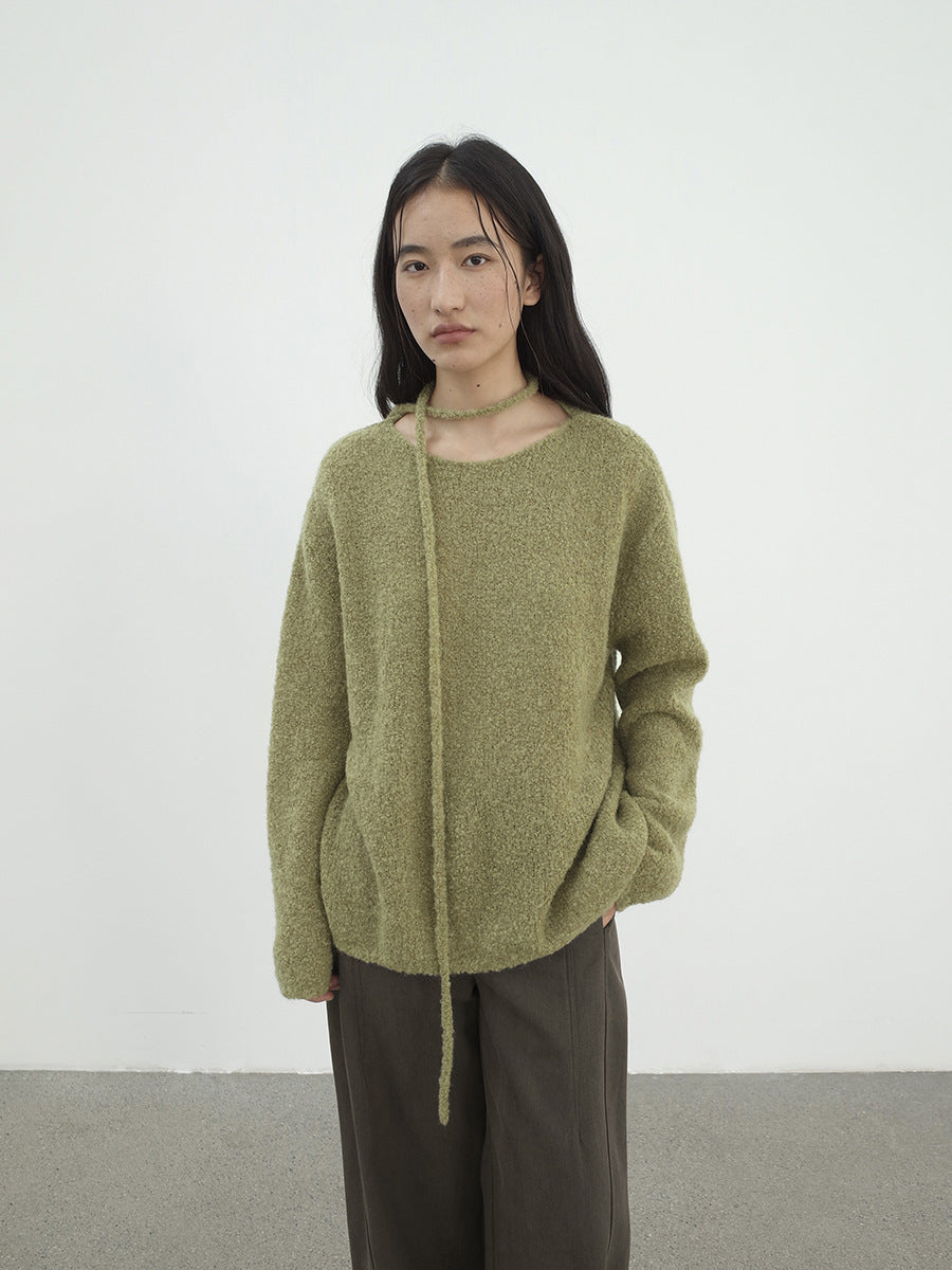 Textured Drawstring Mohair Wool Neck Knit Long-Sleeve Top