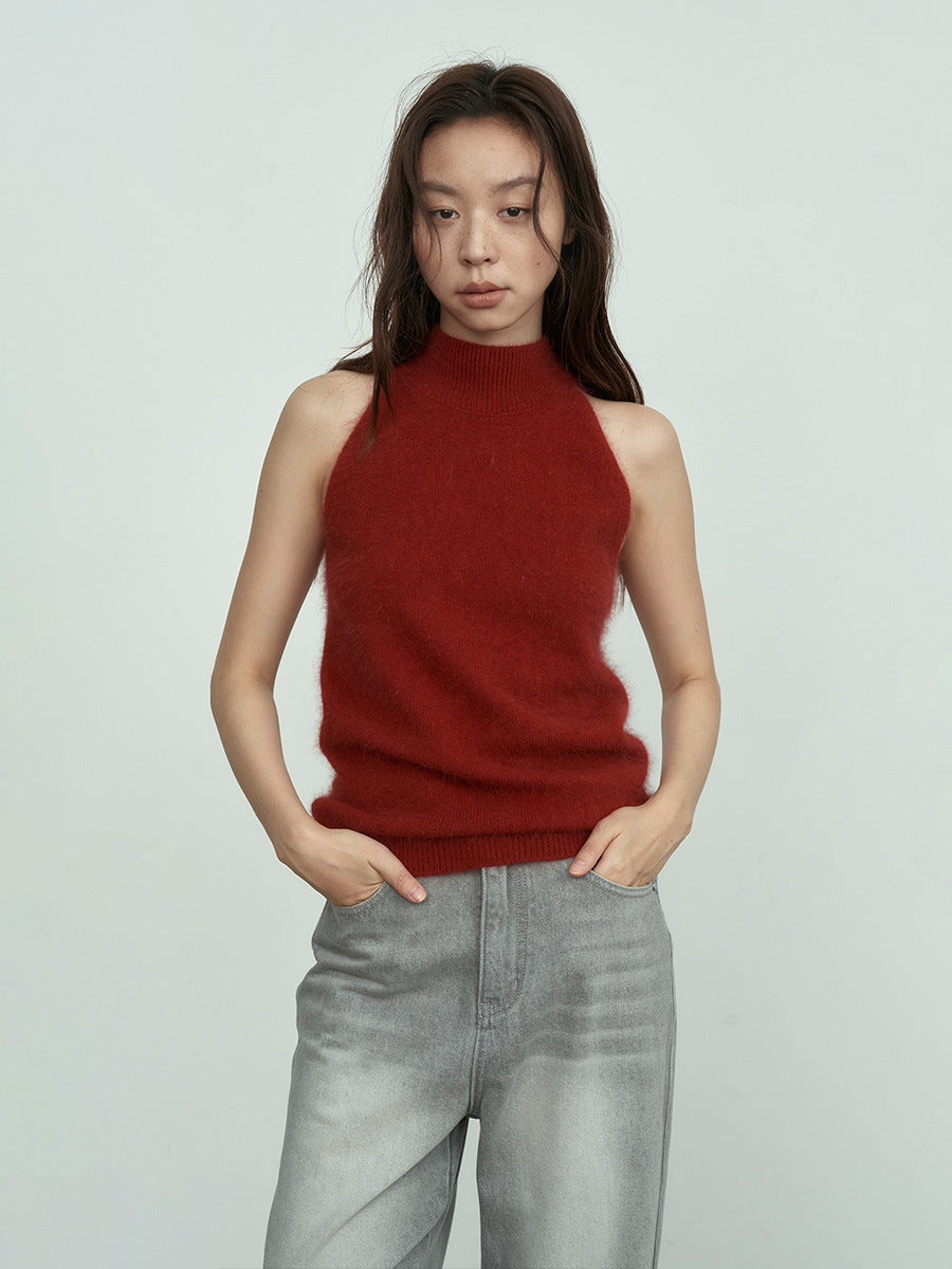 Fuzzy Knit High-Neck Sleeveless Sweater Top