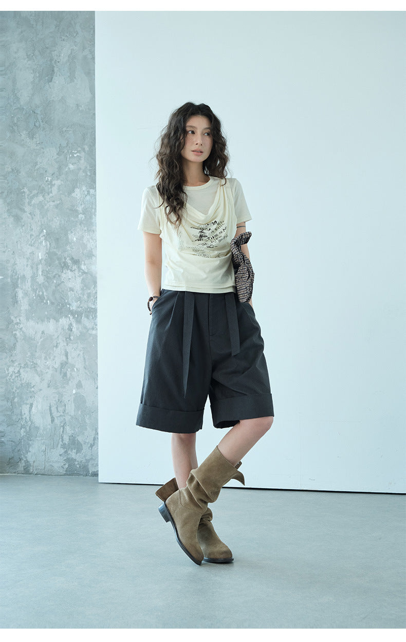 A-Line Pleated Baggy Casual Shorts