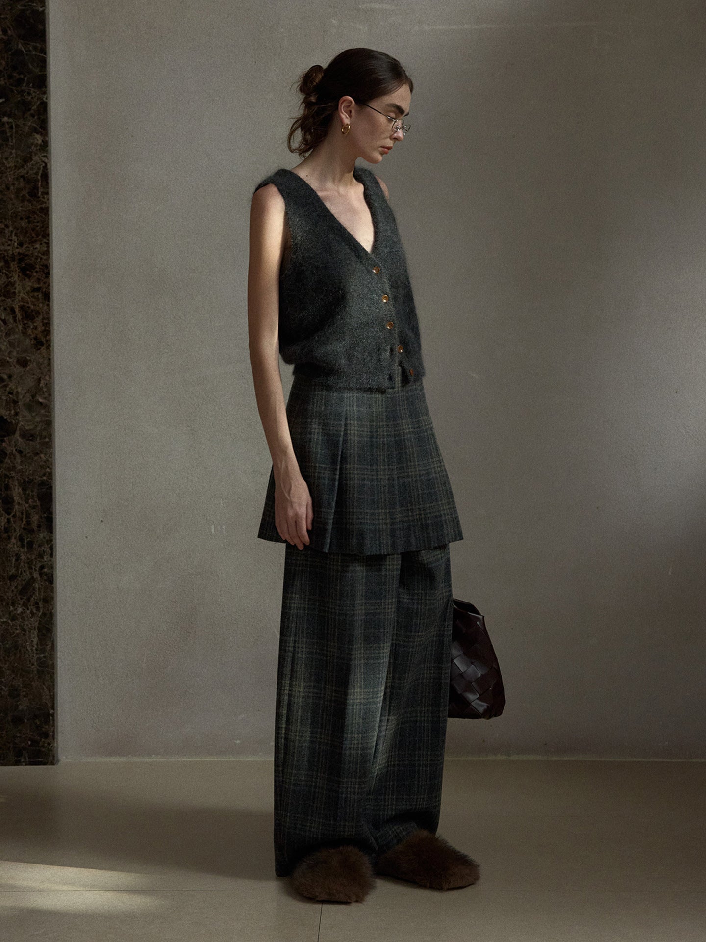 Wool Vintage Style Plaid Pleated Wide-Leg Pants (Pants Only)