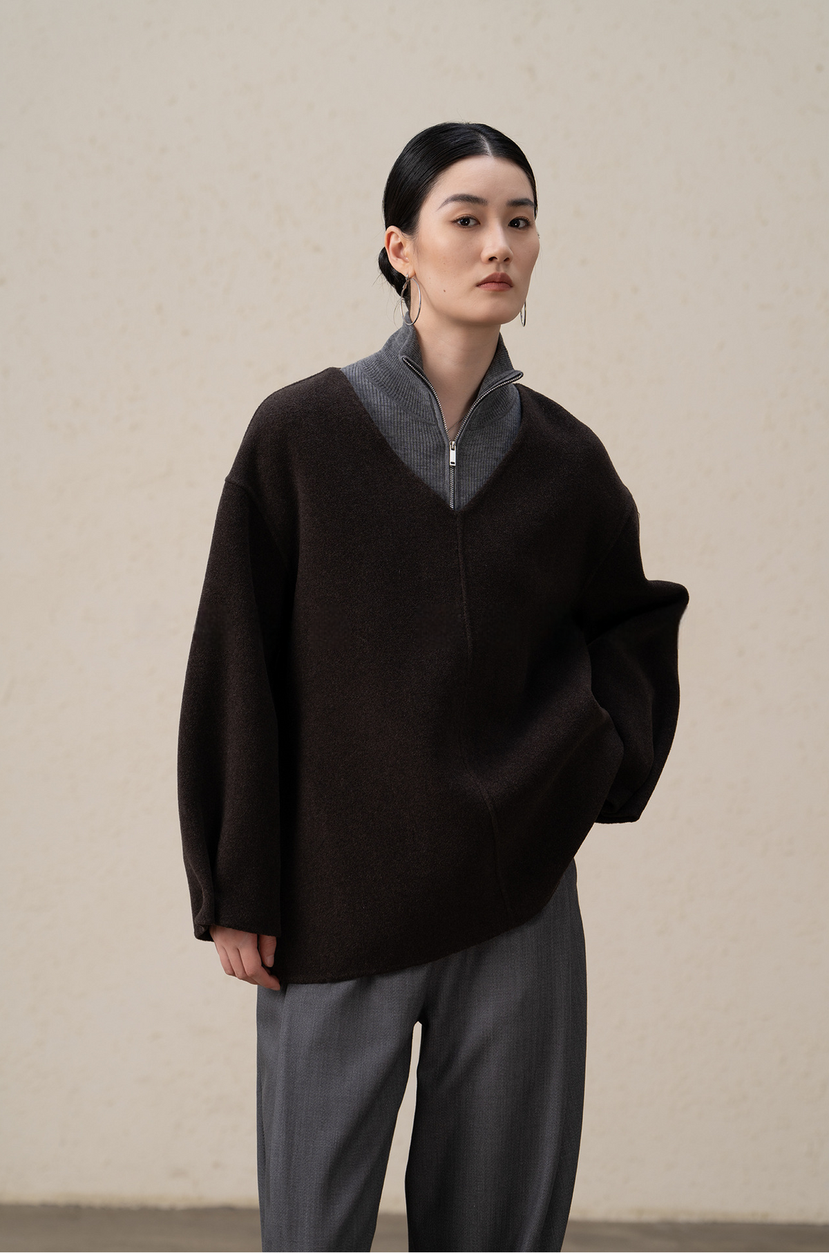 Merino Wool & Cashmere Double-Sided V-neck Coat