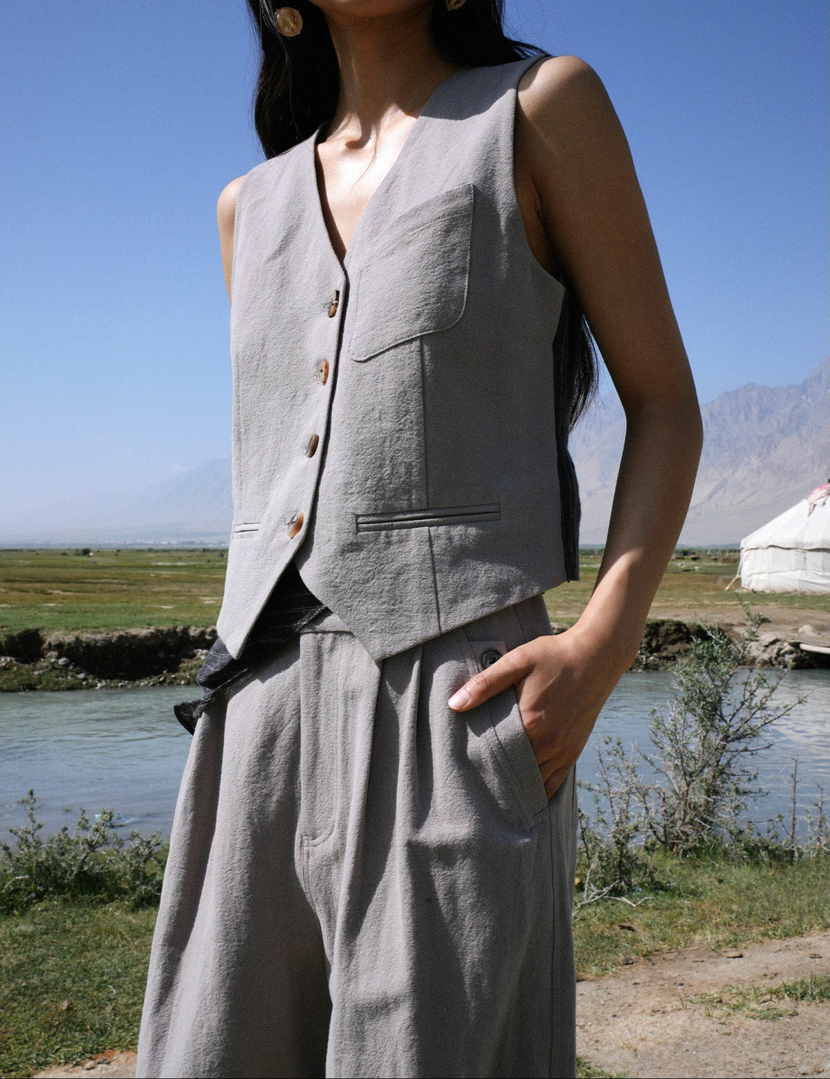 V-Neck Linen Patchwork Suit Vest