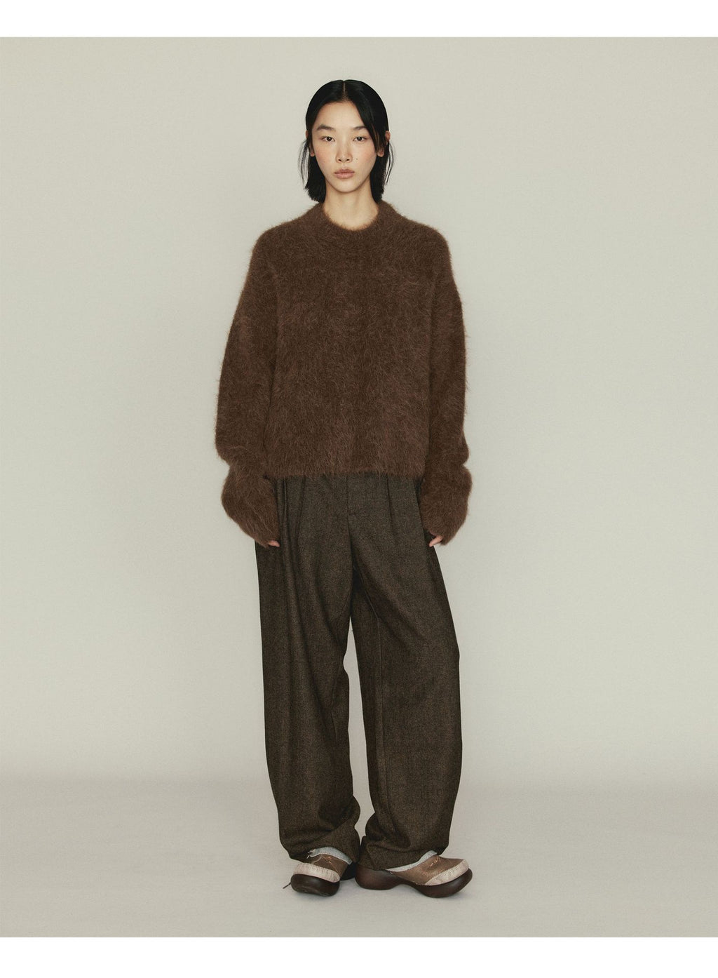Versatile Herringbone Wool Blend Low-waisted Casual Trousers