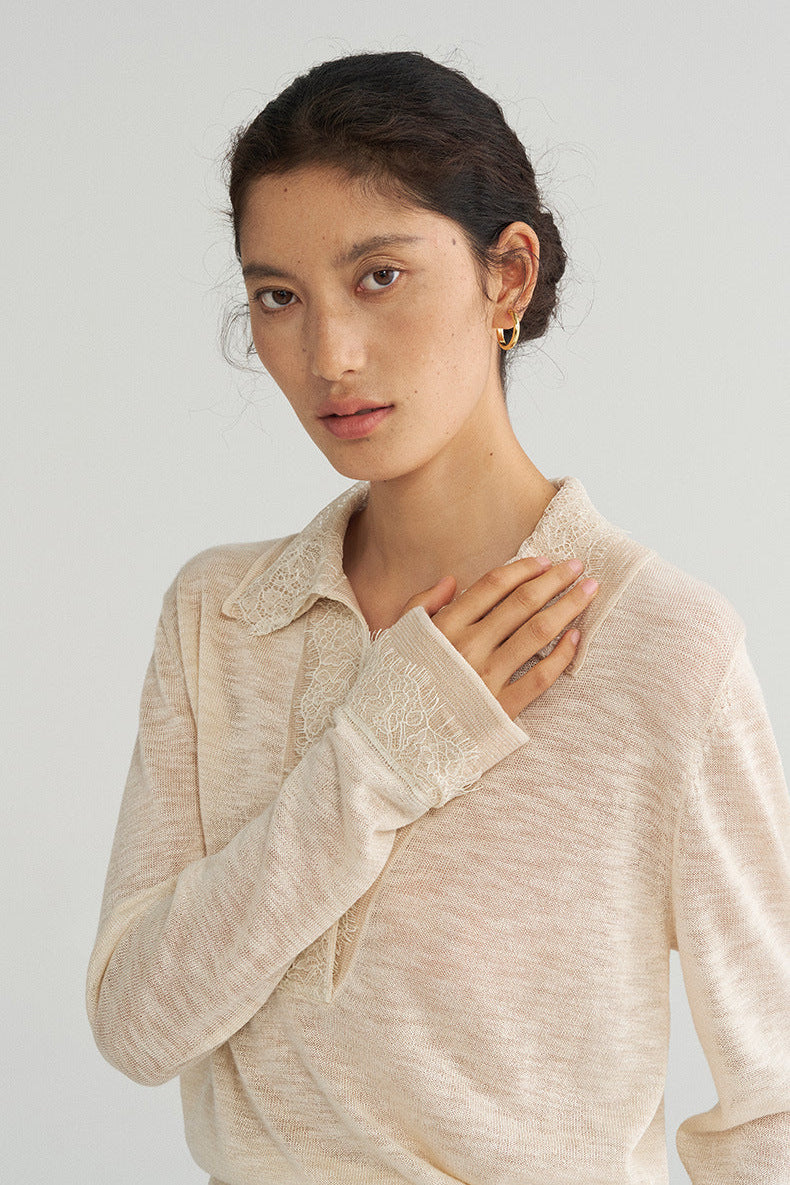 V-shaped Lace Patchwork Long Sleeve Knit Top
