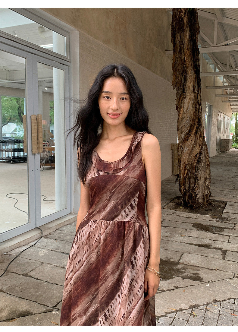 Leaf U-Neck Spaghetti Strap Backless Tie-Up Long Dress
