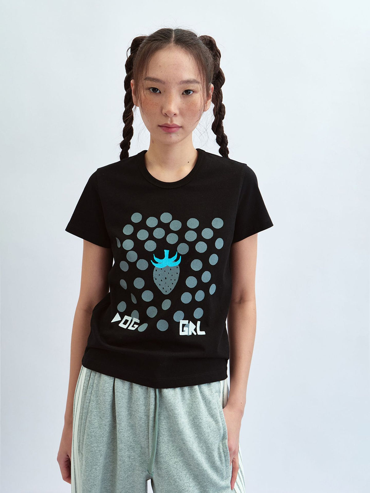 Polka Dot Strawberry Print Crew Neck Cotton T-Shirt Top
