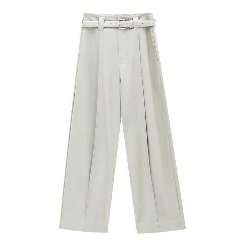 High Waist Double Pleated Straight Leg Tencel Trousers with Belt