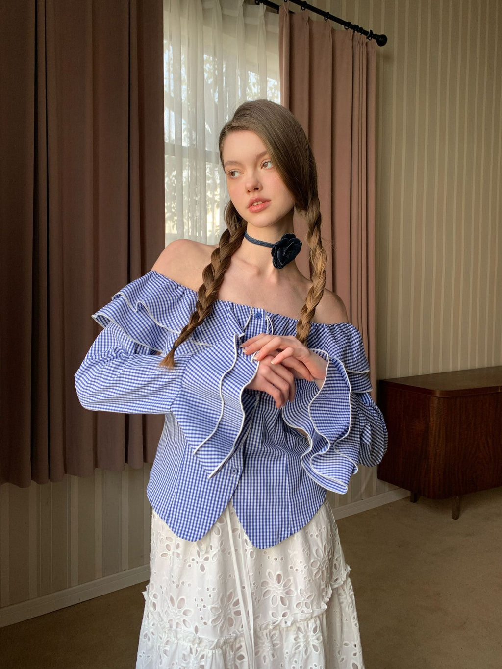 Off-Shoulder Gingham Ruffle Blouse