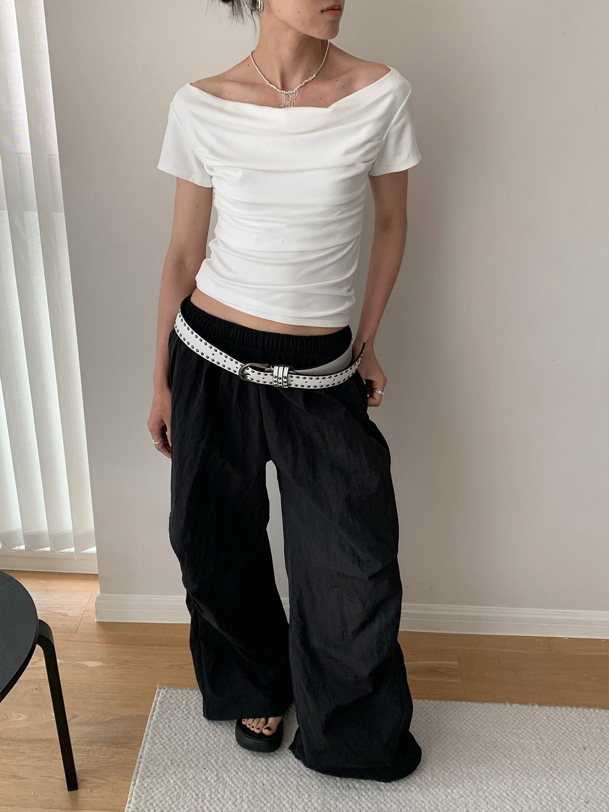 Draped Boat Neck Ruched Fitted T-Shirt