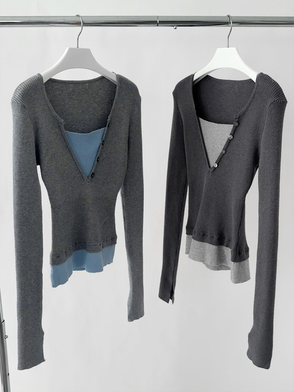 Illusion Two Tops V-Neck Ribbed Long Sleeve Top