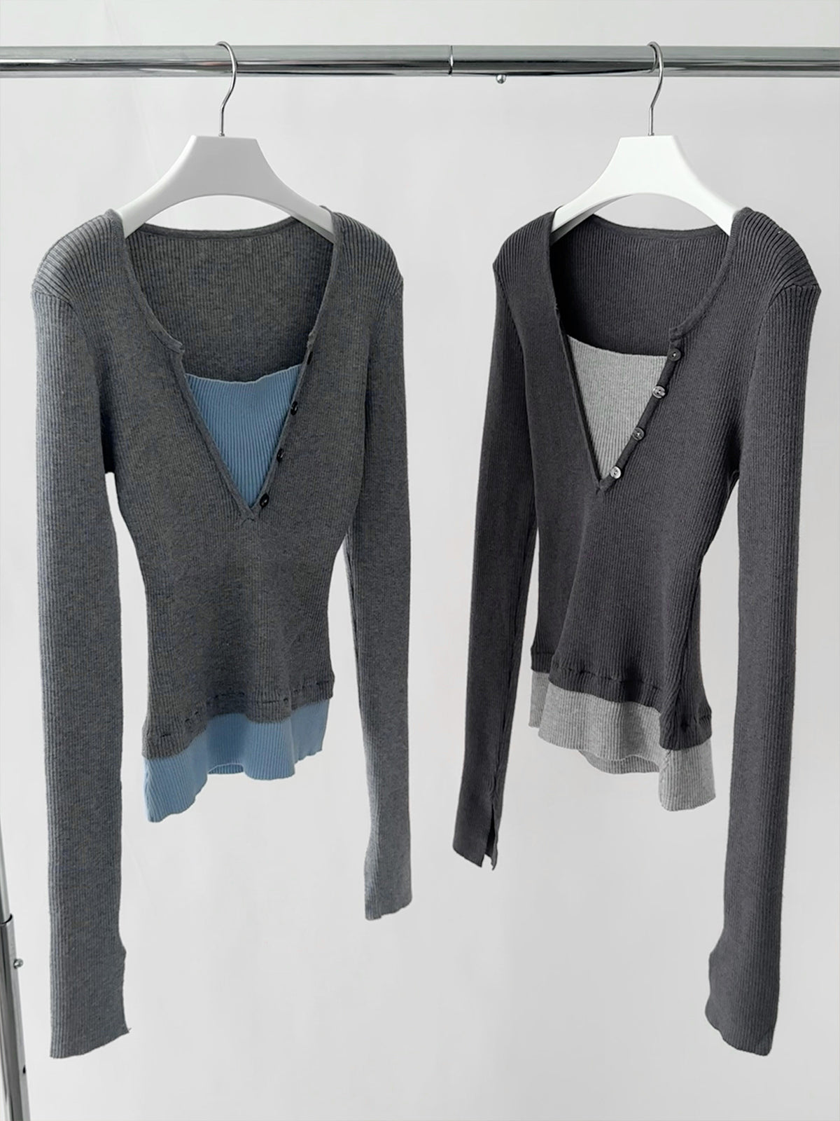 Illusion Two Tops V-Neck Ribbed Long Sleeve Top