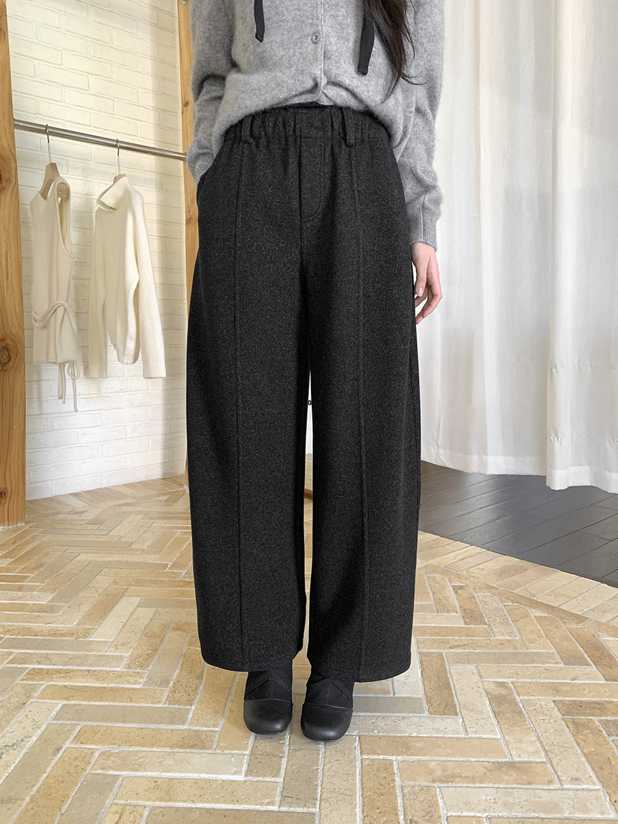 High-Waist Elastic Waist Thick Straight Leg Tailored Pants
