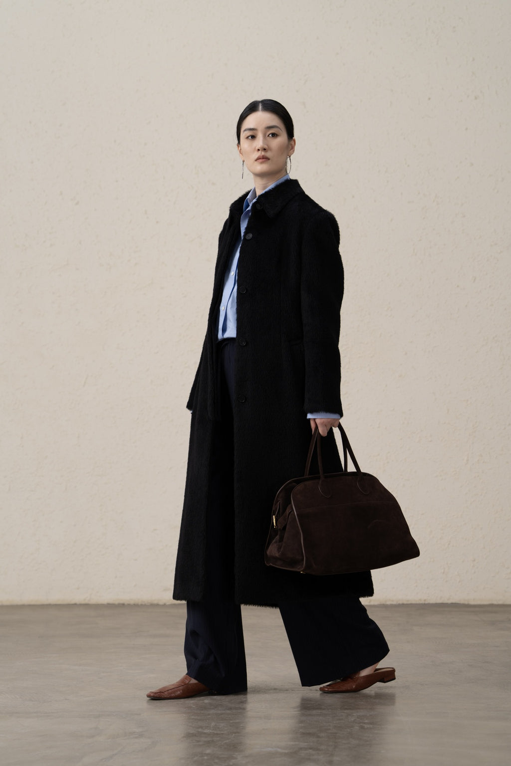 Suri Alpaca & Merino Wool Buttoned Shearling Long Coat