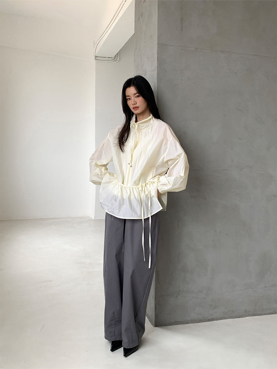 Versatile Drawstring Wide-Leg Curved Pants