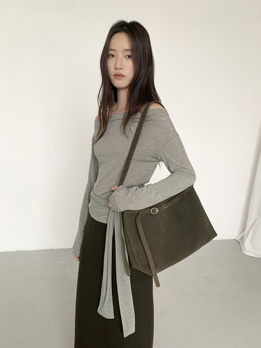 Asymmetric Off-Shoulder Draped Knit Top with Scarf