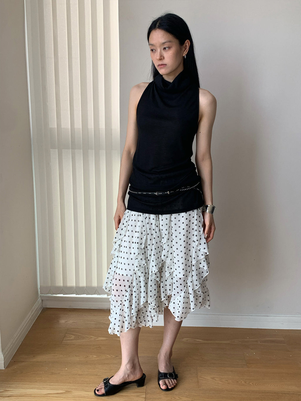 Polka Dot Print Patchwork Irregular Hem Midi Skirt