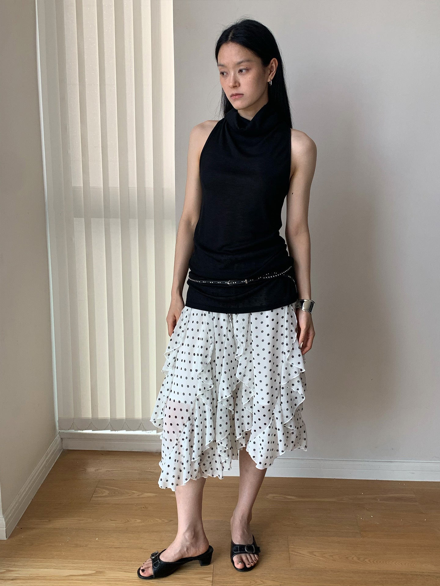 Polka Dot Print Patchwork Irregular Hem Midi Skirt