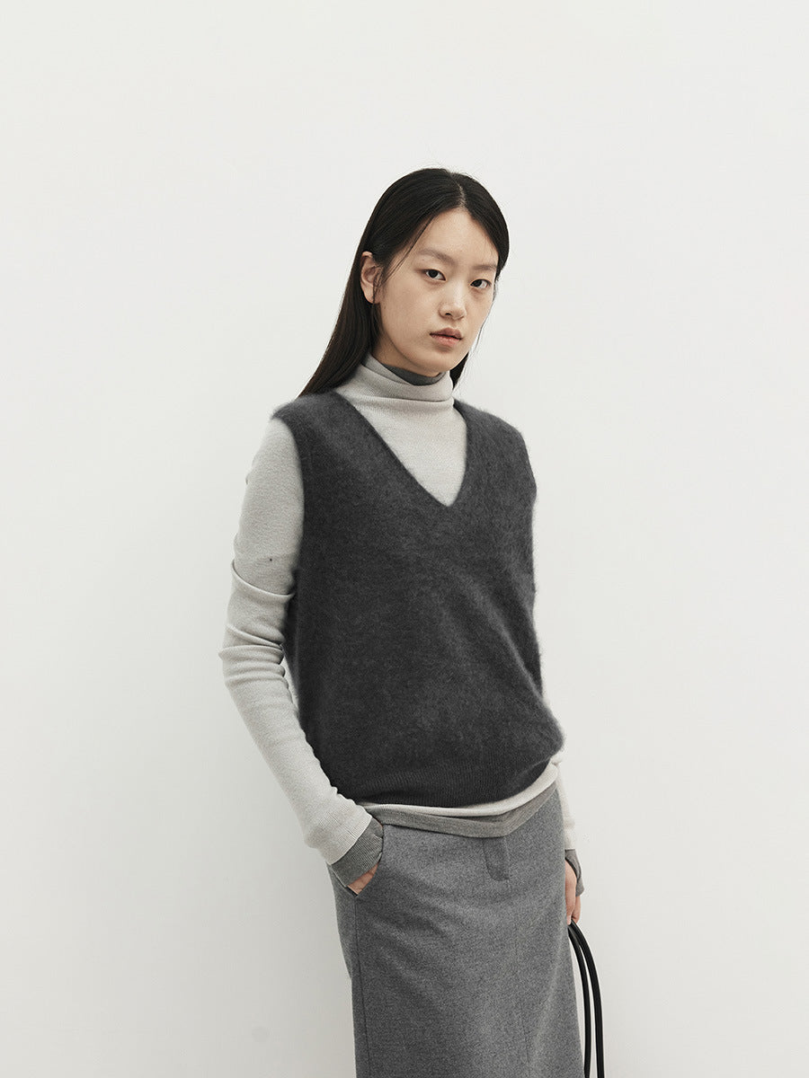 Fuzzy Wool Cashmere V-Neck Sleeveless Sweater Vest