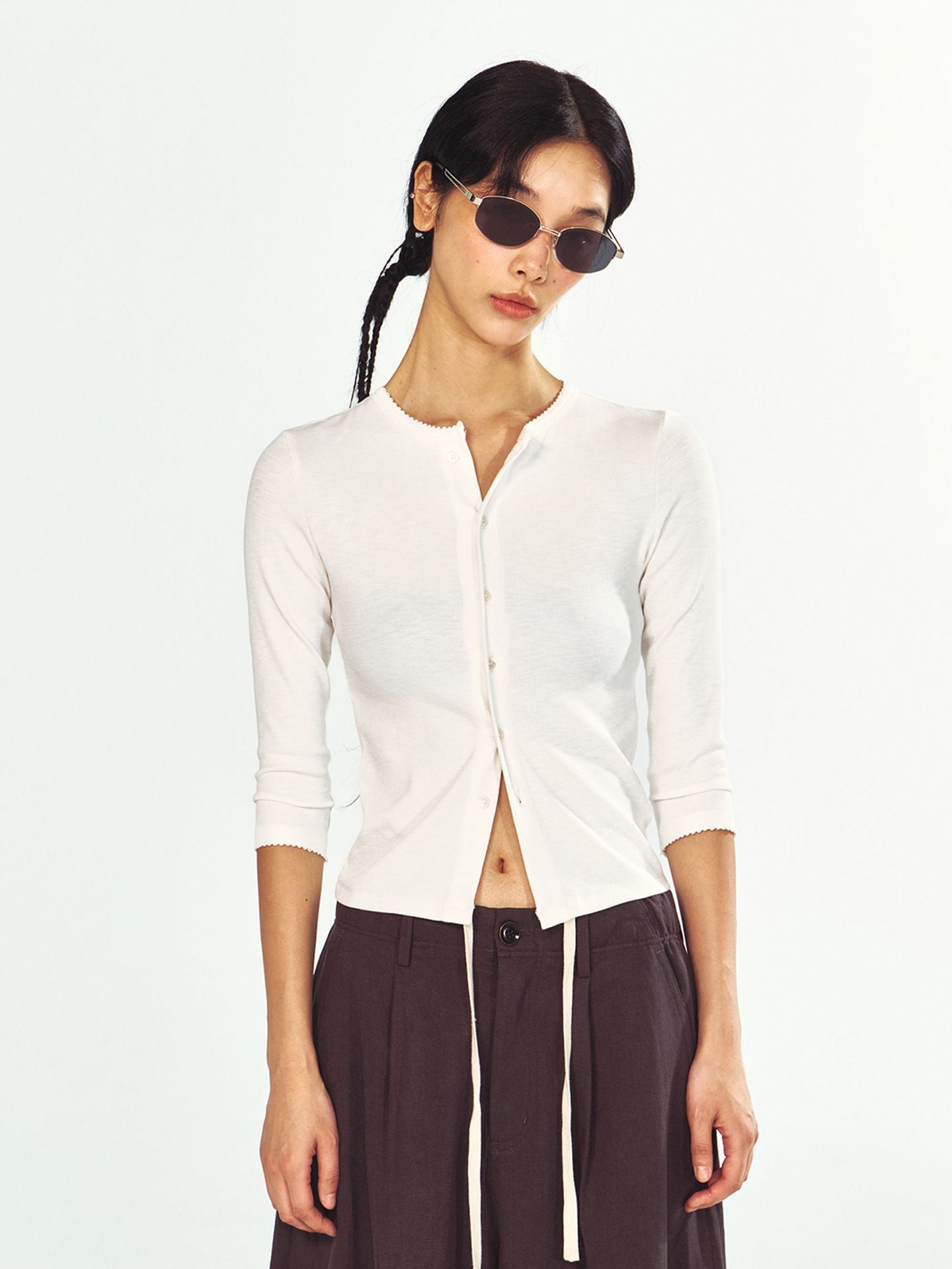 Three-quarter Sleeve Single-breasted Slim Fit Knit Top