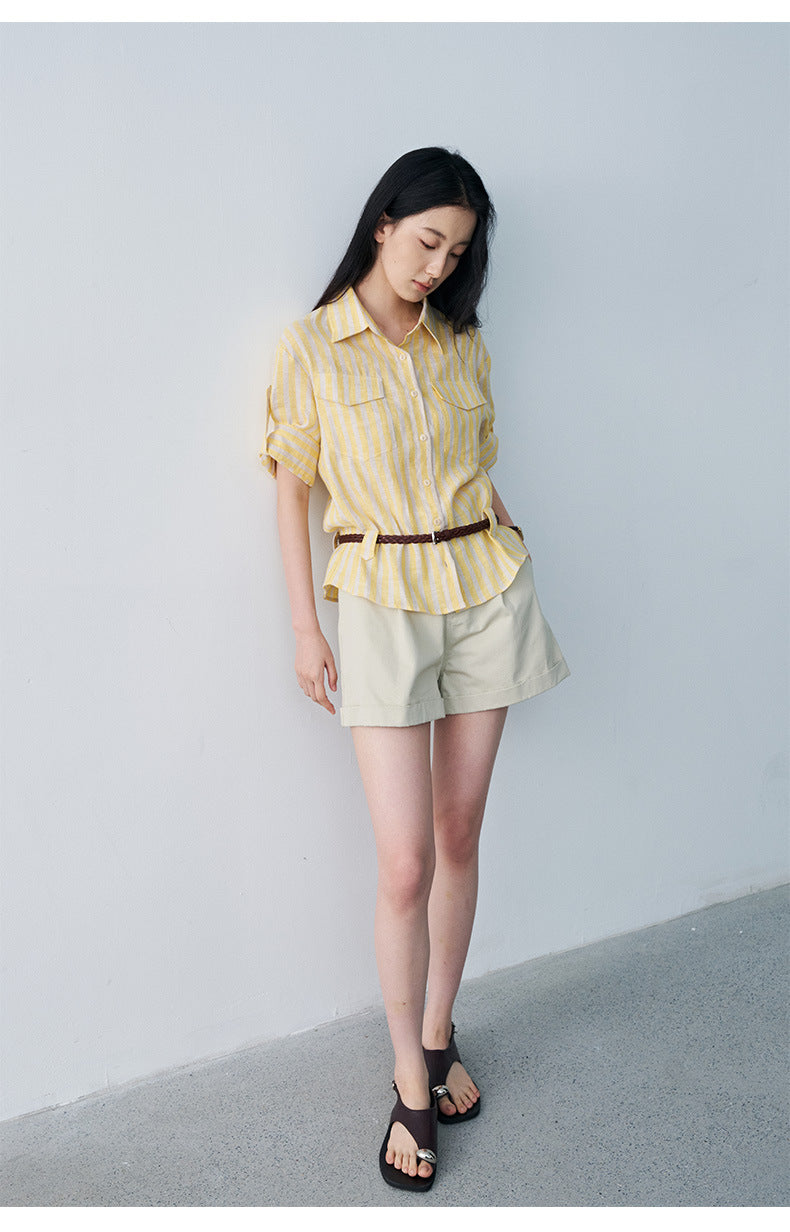 Pleated Mid-rise Rolled Edge Straight Leg Shorts