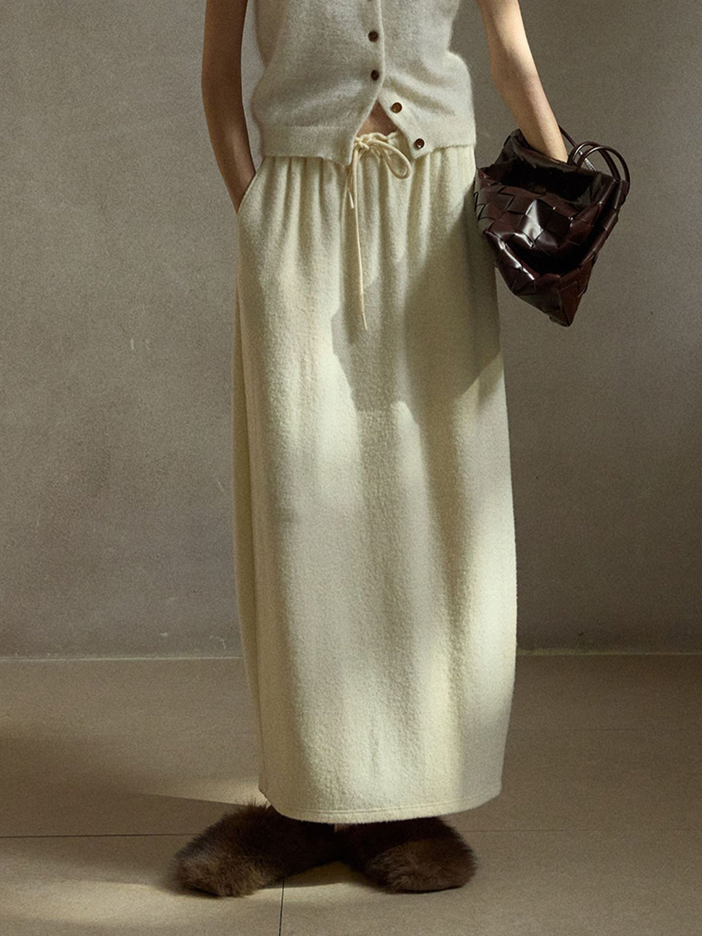 Soft Drawstring Knit Micro-cocoon Maxi Skirt