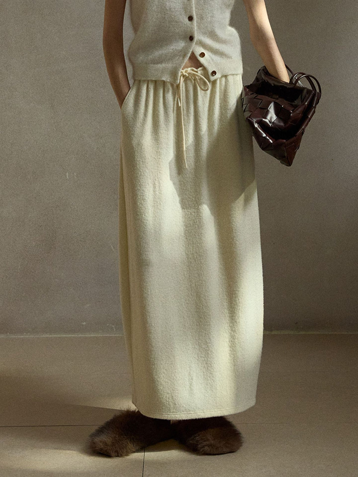Soft Drawstring Knit Micro-cocoon Maxi Skirt