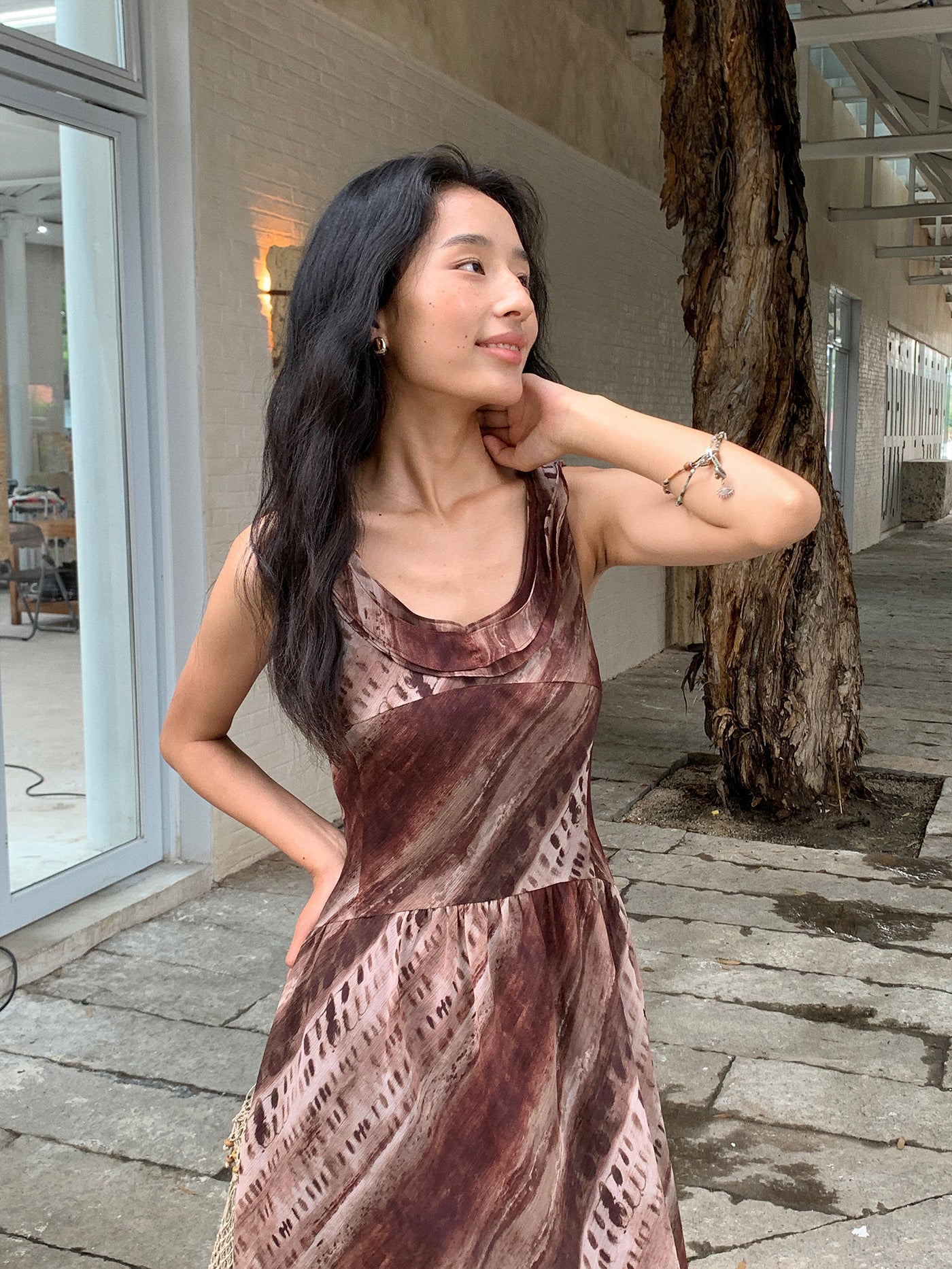 Leaf U-Neck Spaghetti Strap Backless Tie-Up Long Dress