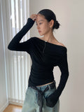 Off-Shoulder Boat Neck Ruched Long Sleeve Top