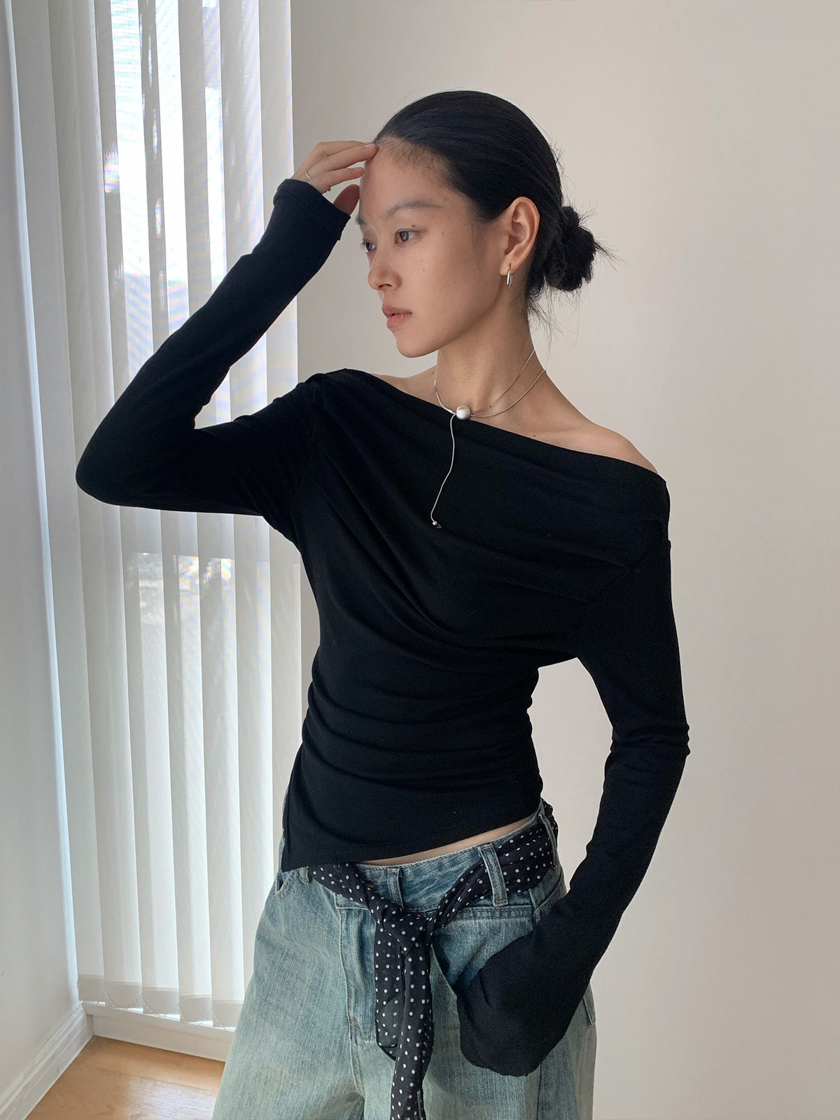 Off-Shoulder Boat Neck Ruched Long Sleeve Top