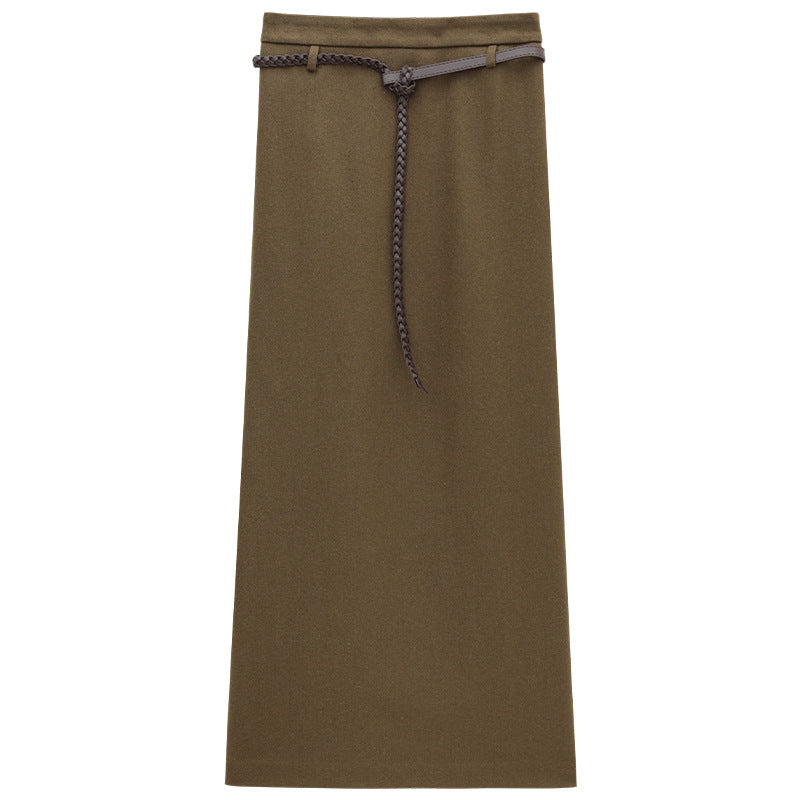 Hepburn Style Wool Straight Cut Maxi Skirt with Stylish Rope Belt