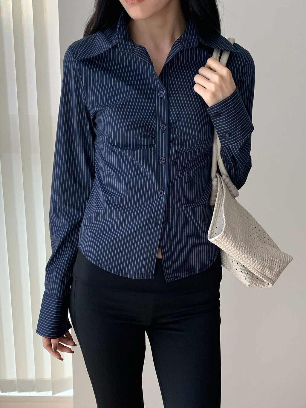 Striped Waist-cinching Long-sleeve Shirt