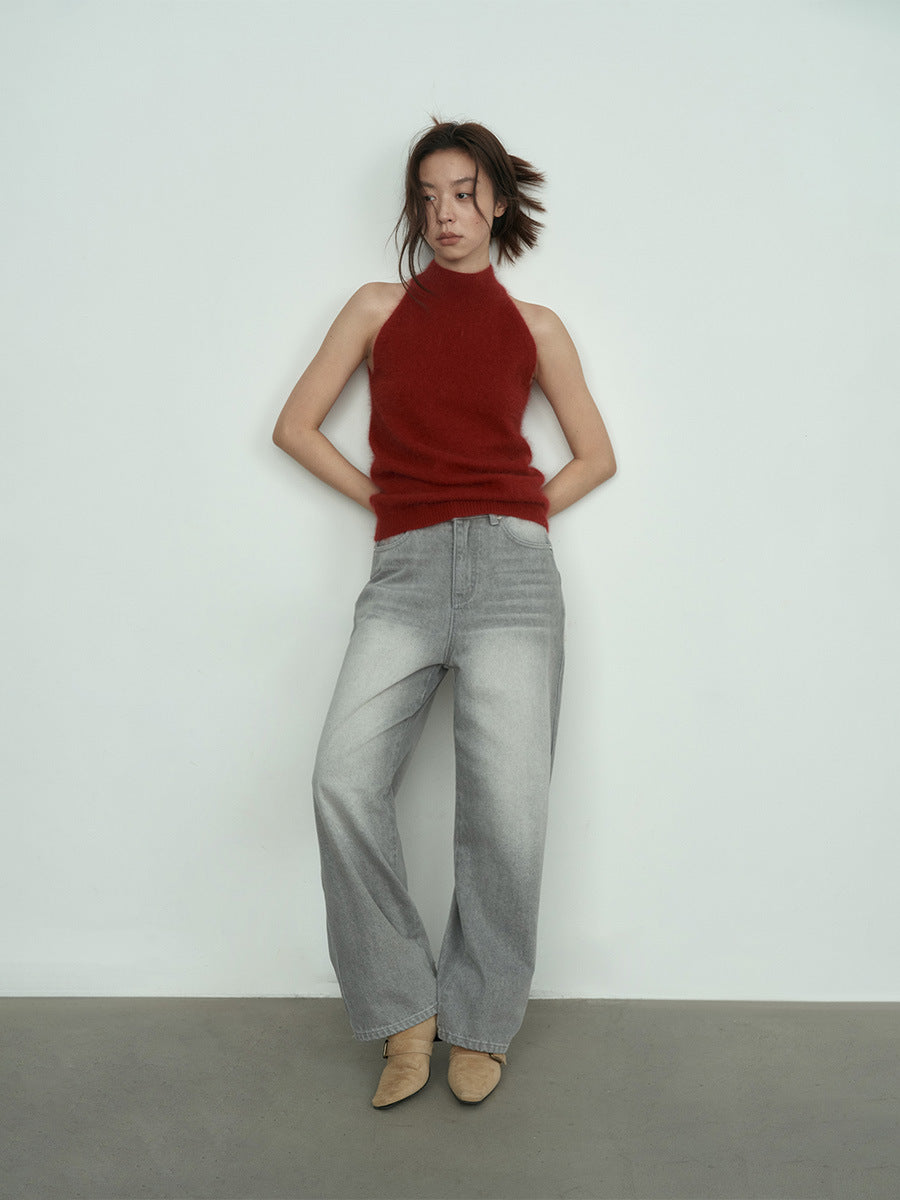 Fuzzy Knit High-Neck Sleeveless Sweater Top