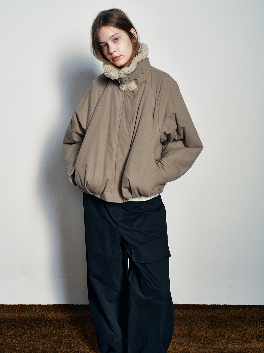 Contrast Faux Fur Retro Stand-up Collar Jacket