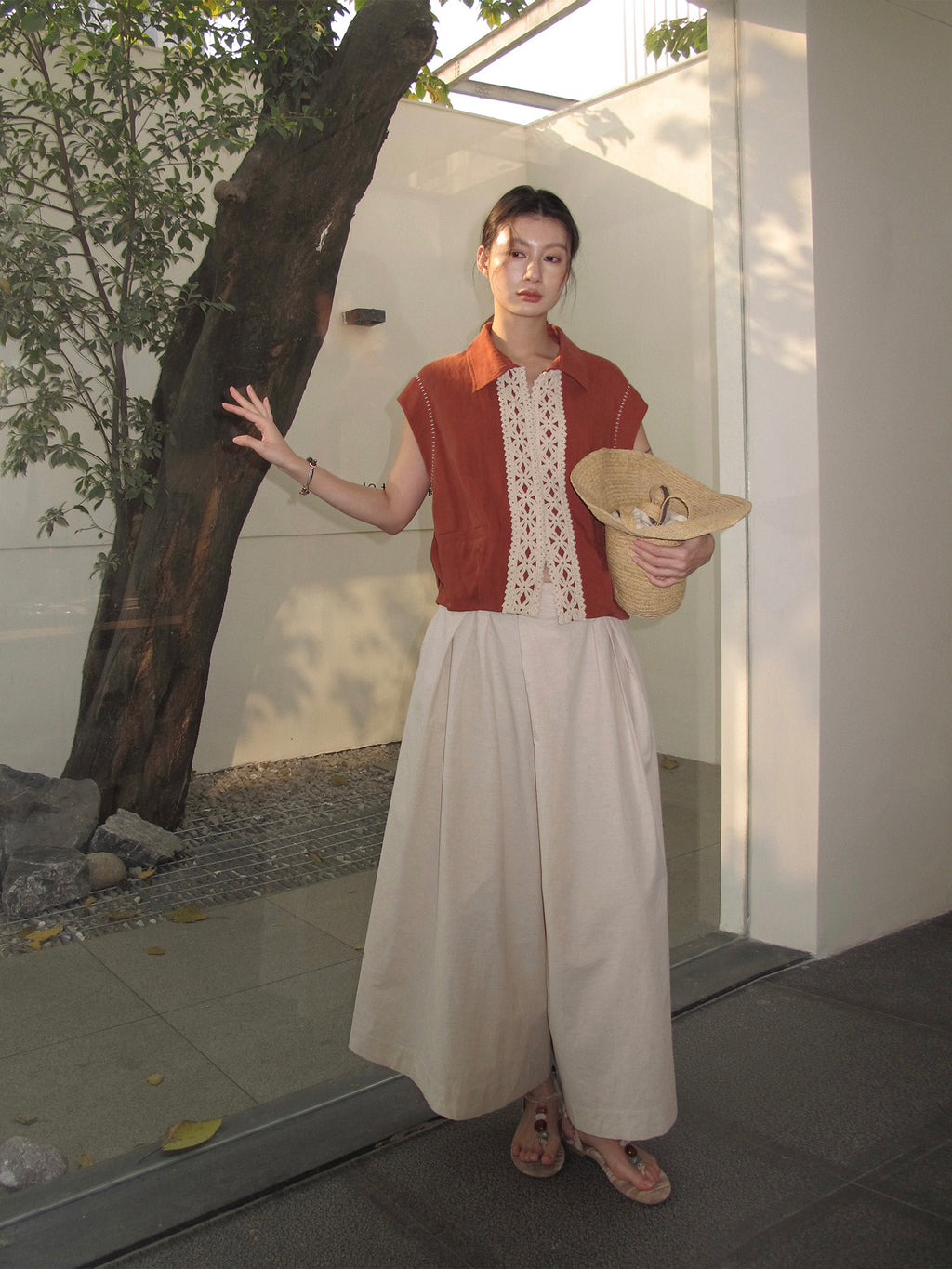 Cotton and Linen Mid-length A-Line Culottes Pants