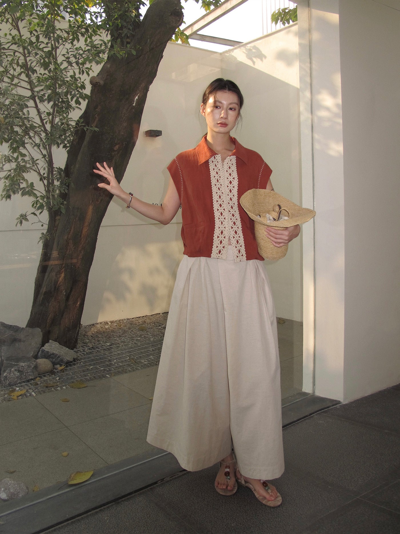 Cotton and Linen Mid-length A-Line Culottes Pants
