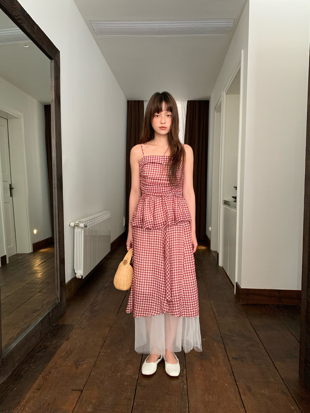 Gingham Peplum Cami Top & Layered Maxi Skirt Set