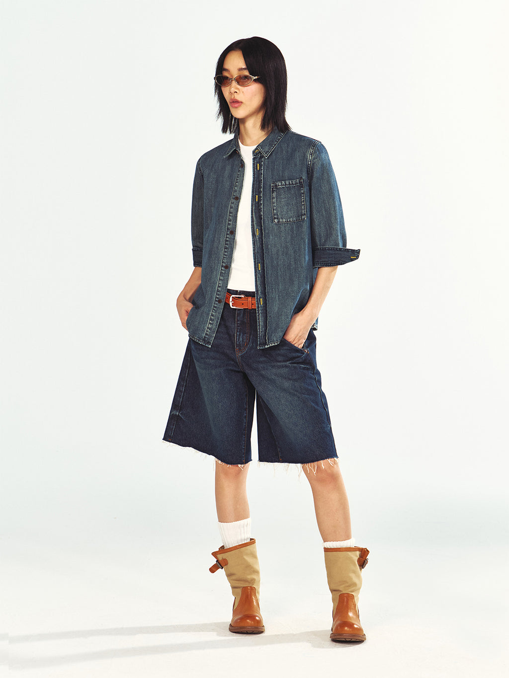 Three-Quarter Sleeve Denim Shirt