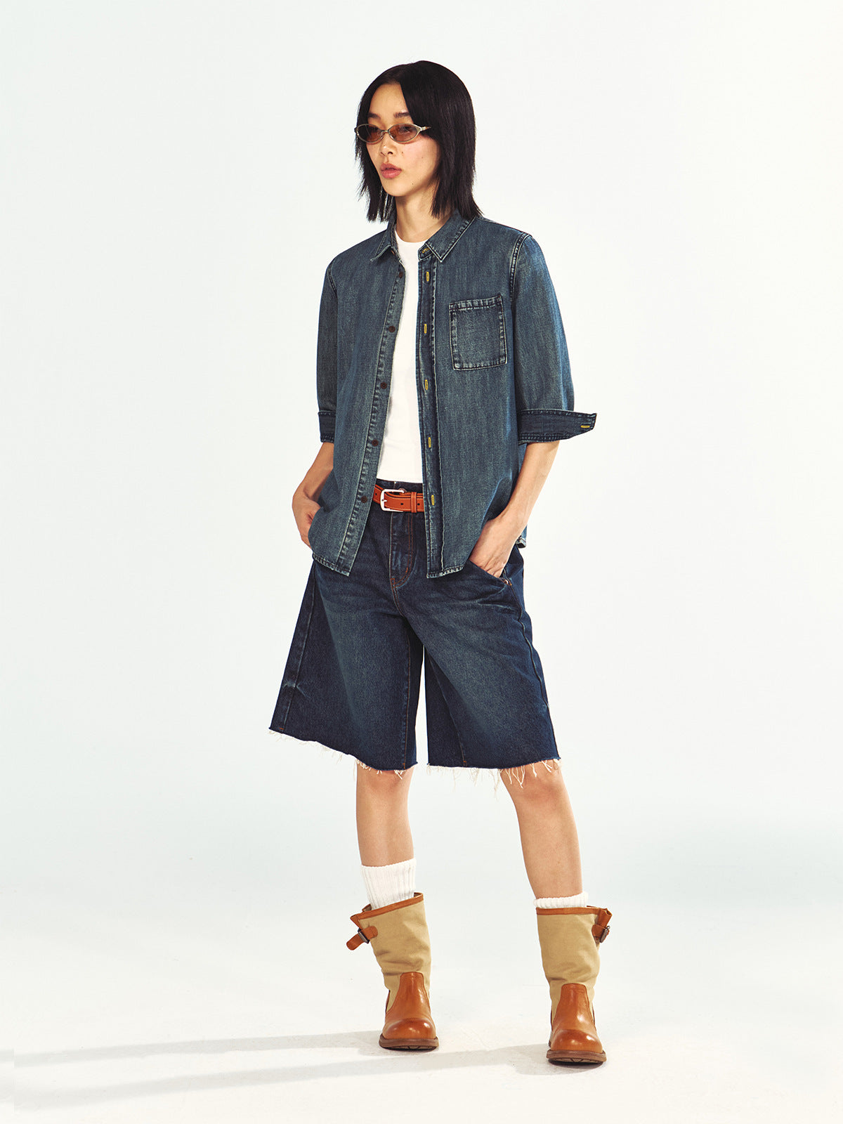 Three-Quarter Sleeve Denim Shirt